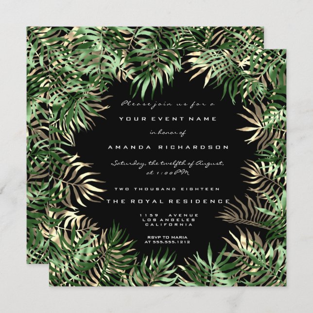 Tropical Green Palm Leaf Fern Woodland Greenery Invitation (Front/Back)