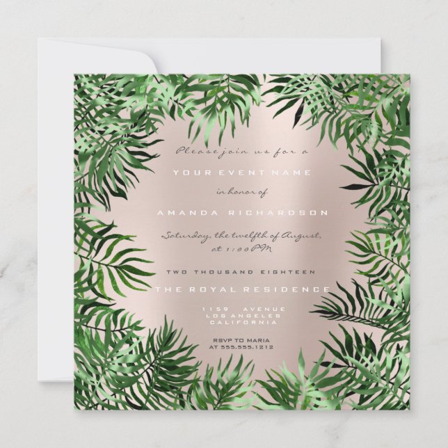 Tropical Green Palm Leaf Frame Pastel Metal Pink Invitation (Front)