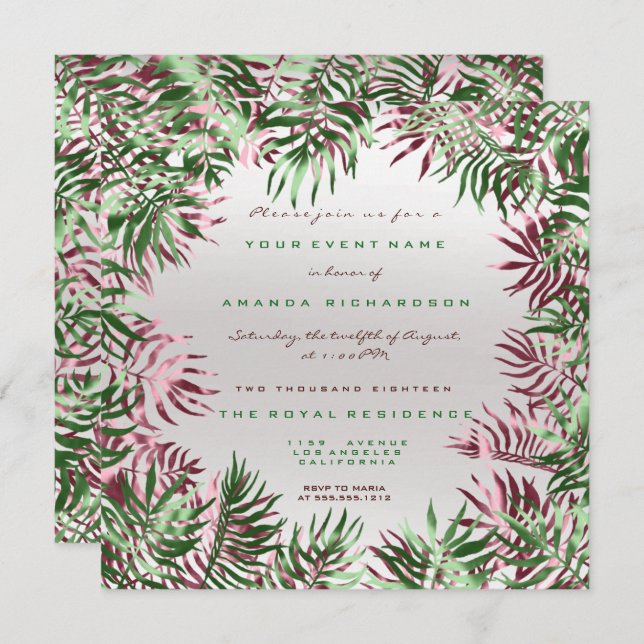 Tropical Green Palm Leaf Frame Silver Burgundy Invitation (Front/Back)