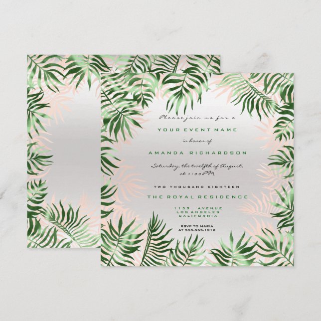 Tropical Green Palm Leaf Frame Silver Grey Pink Invitation (Front/Back)