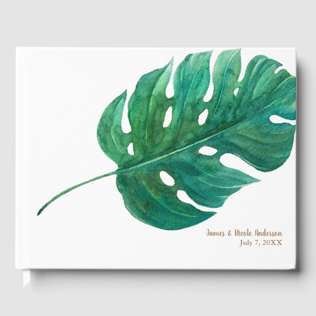 Tropical Green Palm Leaf Hawaiian Summer Wedding Guest Book (Front)
