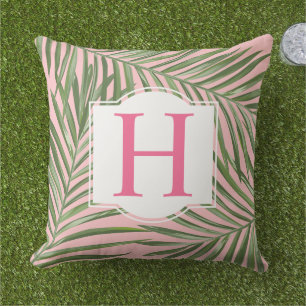 Tropical Green Palm Leaf Pink Monogram Initial Cushion
