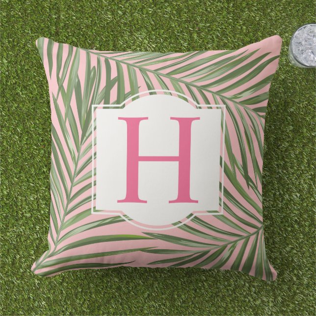 Tropical Green Palm Leaf Pink Monogram Initial Cushion (Grass)