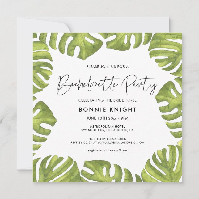 Tropical green palm leaves Bachelorette Party Invitation (Front)