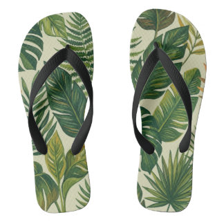 Tropical Green Palm Leaves Botanical Pattern Flip Thongs