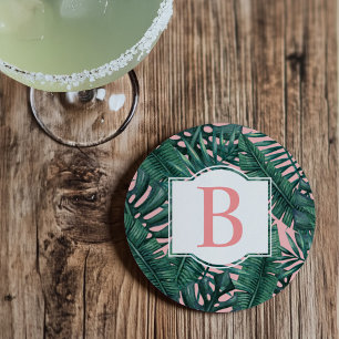 Tropical Green Palm Leaves Coral Monogram Coaster