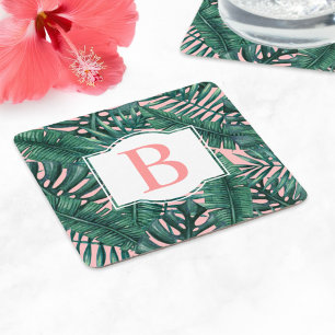 Tropical Green Palm Leaves Coral Monogram Square Paper Coaster