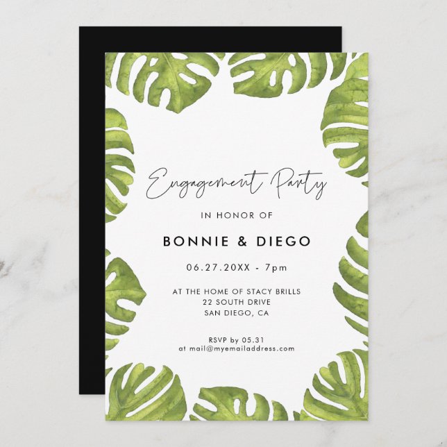 Tropical green palm leaves engagement party invitation (Front/Back)