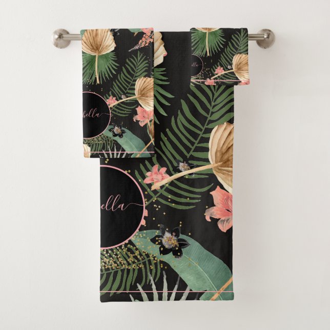 Tropical Green Palm Leaves Floral Monogram Black Bath Towel Set (Insitu)