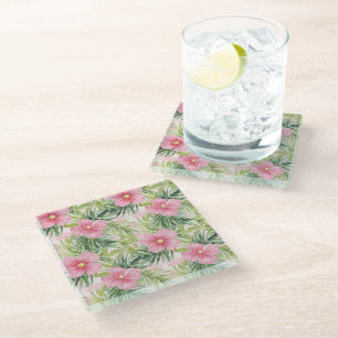 Tropical Green Palm Leaves Glass Coaster