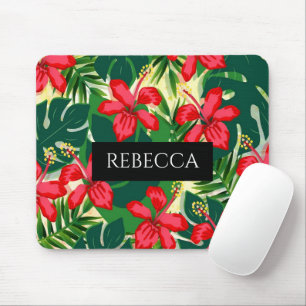 Tropical Green Palm Leaves Monogram Colourful Mouse Pad