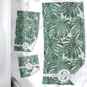 Tropical Green Palm Leaves Monogram Name Bath Towel Set