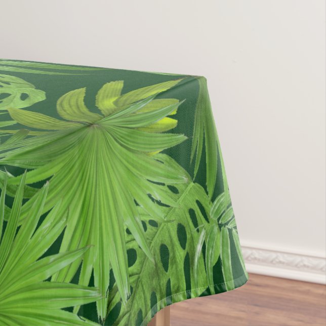 Tropical Green Palm Leaves on Forest Green Tablecloth (In Situ)