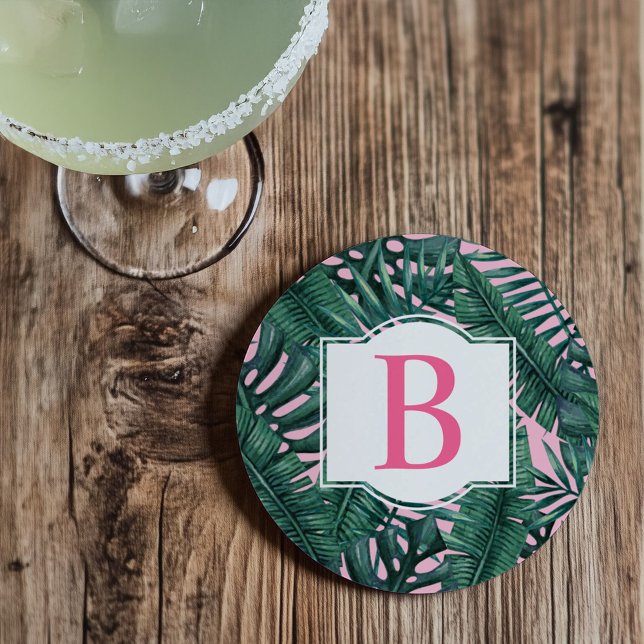 Tropical Green Palm Leaves Pink Monogram Coaster (Creator Uploaded)