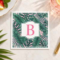Tropical Green Palm Leaves Pink Monogram