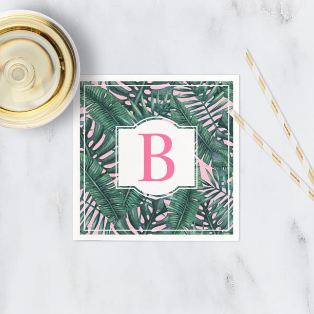 Tropical Green Palm Leaves Pink Monogram Napkin (Creator Uploaded)