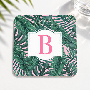 Tropical Green Palm Leaves Pink Monogram Square Paper Coaster
