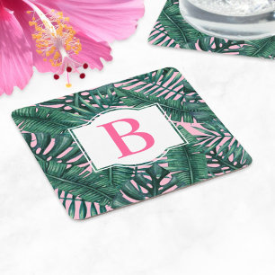Tropical Green Palm Leaves Pink Monogram Square Paper Coaster