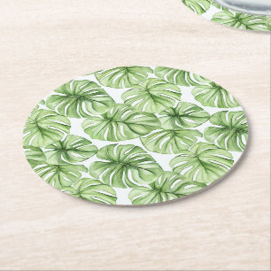 Tropical Green Palm Leaves Round Paper Coaster