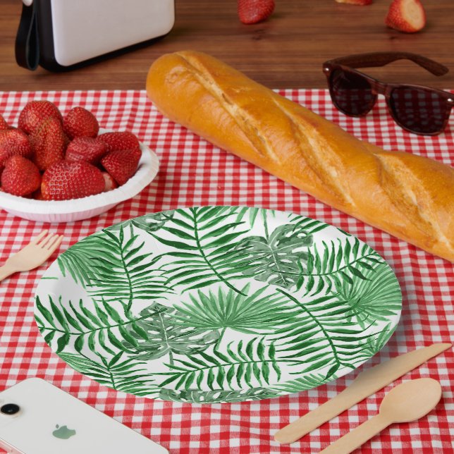 Tropical Green Palm Leaves Summer Art Pattern Paper Plate (Picnic)