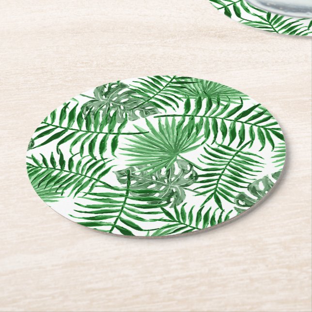 Tropical Green Palm Leaves Summer Art Pattern Round Paper Coaster (Angled)