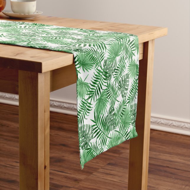 Tropical Green Palm Leaves Summer Watercolor Art Short Table Runner (In Situ)