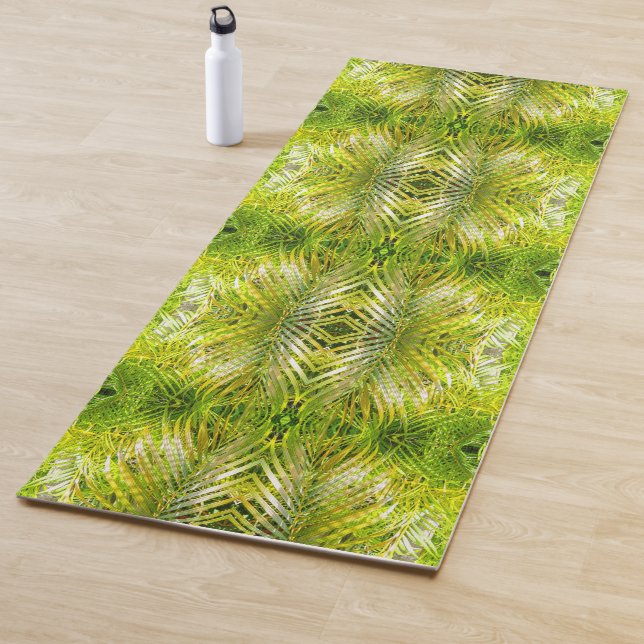 Tropical green palm leaves sunlight pattern yoga mat (In Situ)