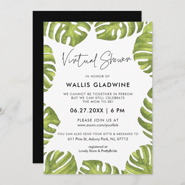 Tropical green palm leaves Virtual baby shower Invitation (Front/Back)