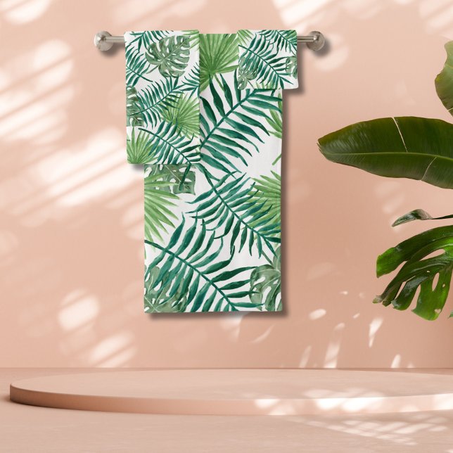 Tropical Green Palm Leaves Watercolor Art Bath Towel Set (Creator Uploaded)