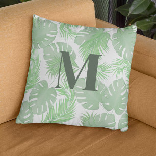 Tropical Green Palm Leaves Watercolor Cushion