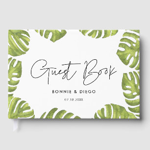 Tropical green palm leaves wedding guest book