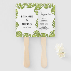 Tropical green palm leaves wedding program hand fan