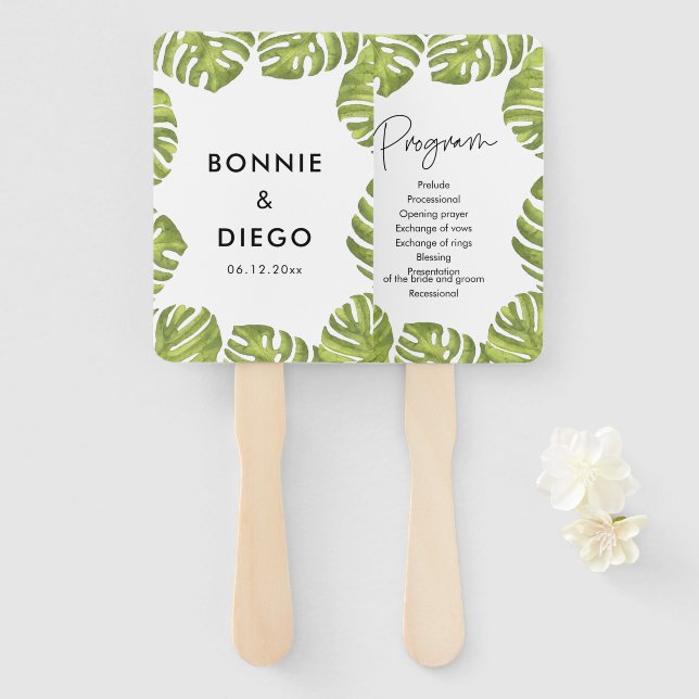 Tropical green palm leaves wedding program hand fan (Front and Back)