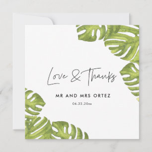 Tropical green palm leaves wedding thank you card