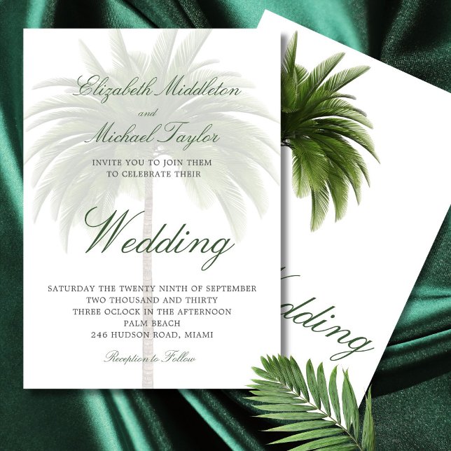 Tropical Green Palm Tree Elegant Modern Wedding Invitation (Creator Uploaded)