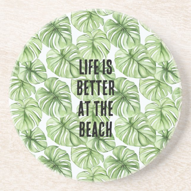Tropical Green Palm Tree Leaves Coaster (Front)