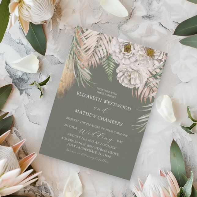 Tropical Green Pampas Grass & Floral Wedding Invitation (Creator Uploaded)
