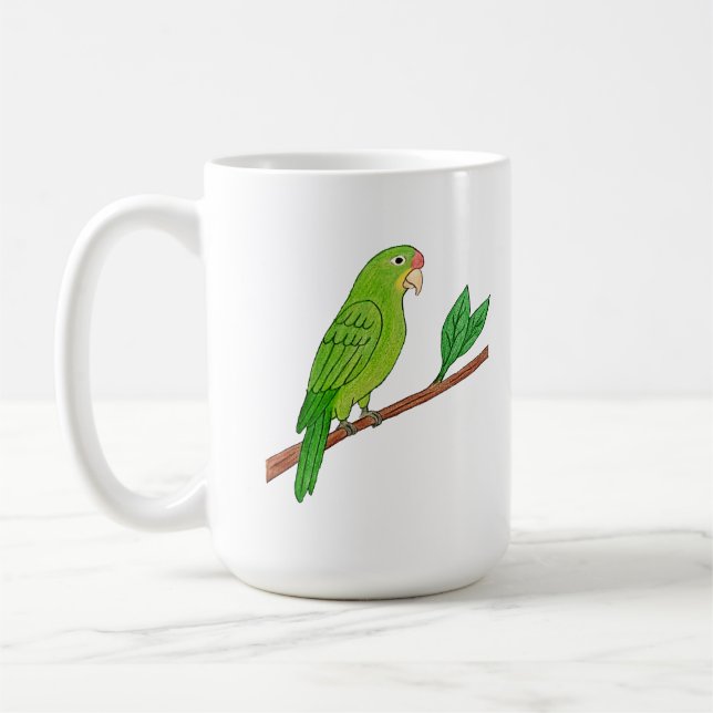 Tropical green parakeet coffee mug (Left)