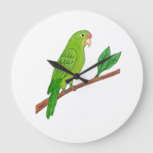Tropical green parakeet large clock