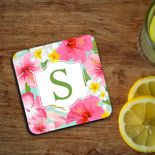 Tropical Green Pink Floral Custom Monogram Initial Coaster (Creator Uploaded)