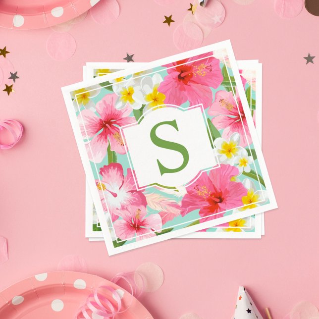 Tropical Green Pink Hibiscus Flowers Monogram Napkin (Creator Uploaded)