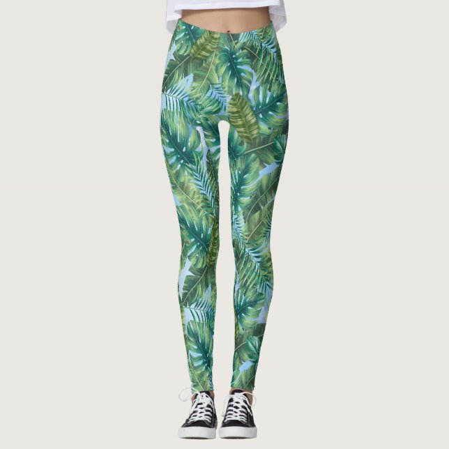 Tropical green plant leaves leggings (Front)
