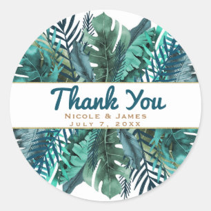 Tropical Green Teal Leaves Elegant White Wedding Classic Round Sticker