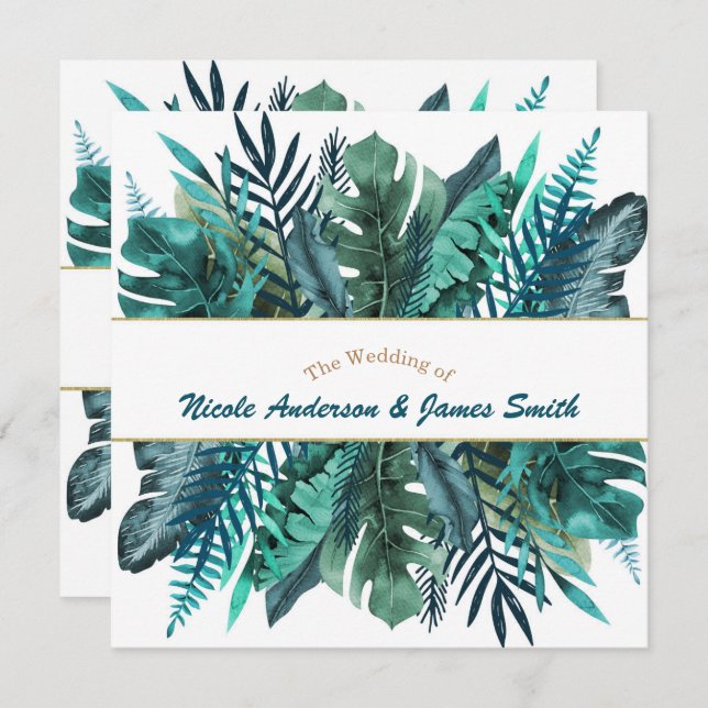 Tropical Green Teal Leaves Elegant White Wedding Invitation (Front/Back)