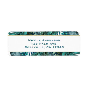 Tropical Green Teal Leaves Elegant White Wedding Return Address Label