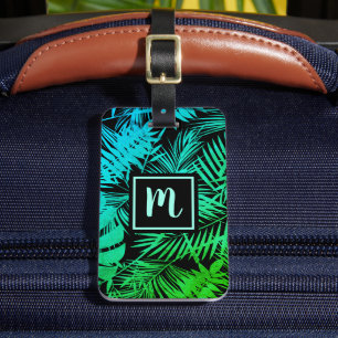 Tropical green teal palm leaf modern chic monogram luggage tag