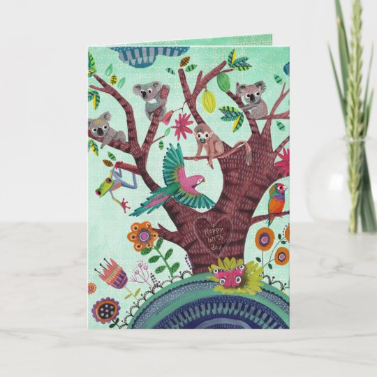 Tropical green tree with animals koala birthday card