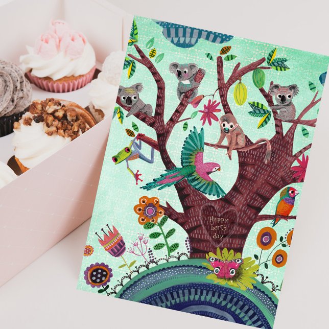 Tropical green tree with animals koala birthday card (Tropical green tree with animals koala birthday card)
