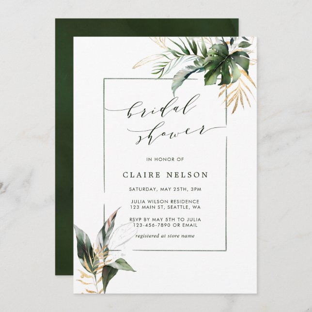 Tropical Green Watercolor Leaves Bridal Shower Invitation (Front/Back)