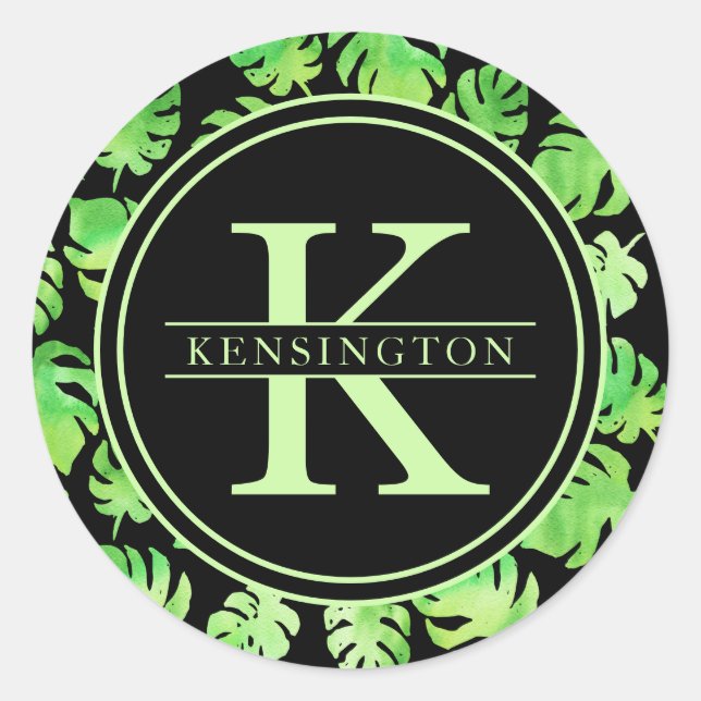Tropical Green Watercolor Leaves Monogram Name Classic Round Sticker (Front)